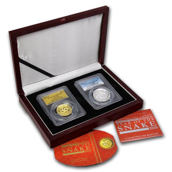 2013 2-Pc 1 oz Gold & Silver High Relief Snake Prf Set PR-70 PCGS 2013 2-Pc 1 oz Gold & Silver High Relief Snake Prf Set PR-70 PCGS
